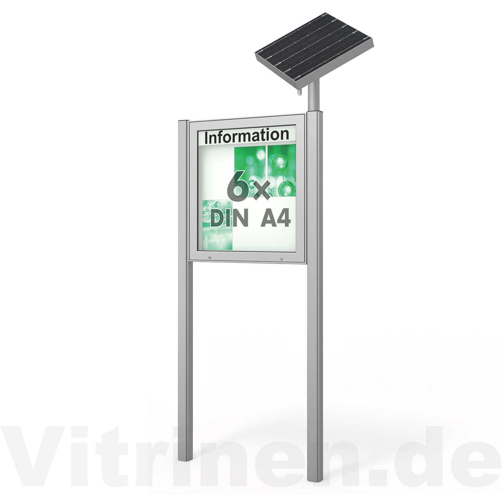 6 x DIN A4 Schaukasten Plenum eckig - der "Klassiker" mit Solar-Modul und Pfosten - Bautiefe 210mm
